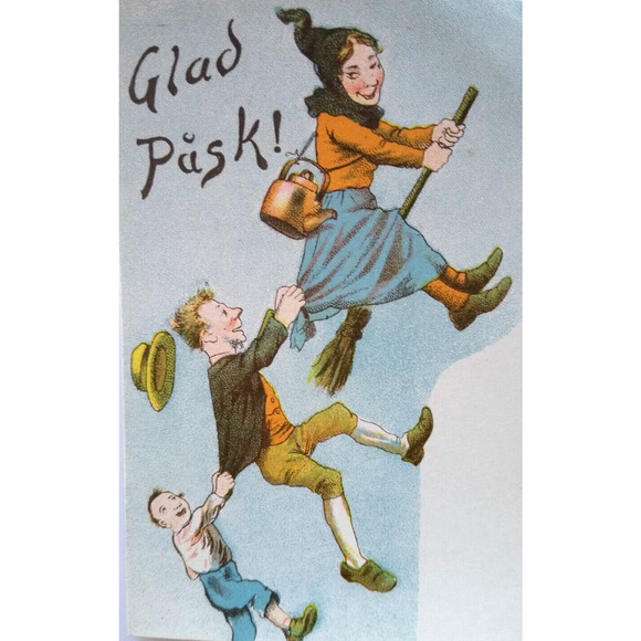 Easter Witch Postcard Fantasy Glad Pask Flying Broom Tea Kettle People Sweden - Picture 1 of 3